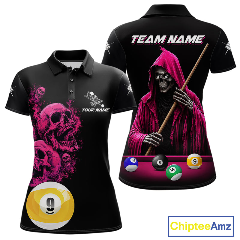 Pink And Black Billiard Skull 9 Ball Pool Shirts For Women Custom Grim Reaper Billiard Team Jersey TDM7316