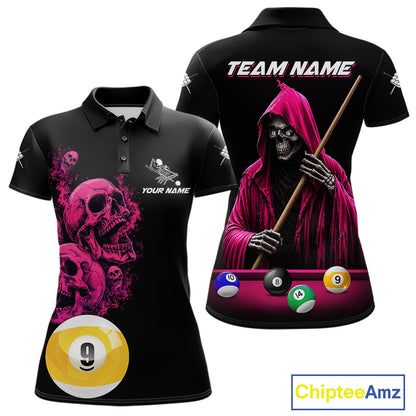Pink And Black Billiard Skull 9 Ball Pool Shirts For Women Custom Grim Reaper Billiard Team Jersey TDM7316