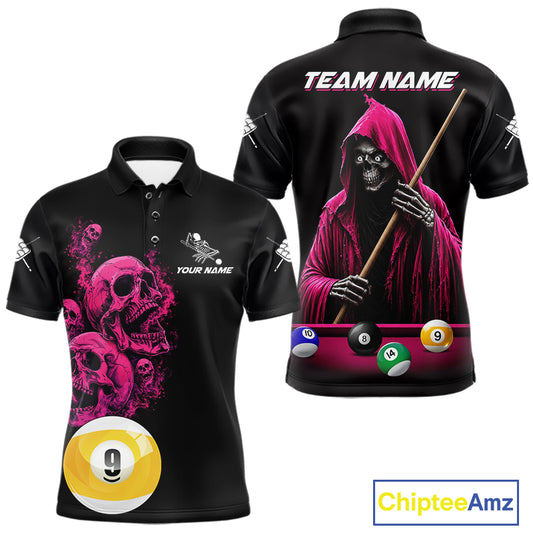 Pink And Black Billiard Skull 9 Ball Pool Shirts For Men Custom Grim Reaper Billiard Team Jersey TDM7316