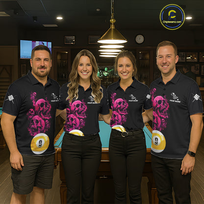 Pink And Black Billiard Skull 9 Ball Pool Shirts For Women Custom Grim Reaper Billiard Team Jersey TDM7316