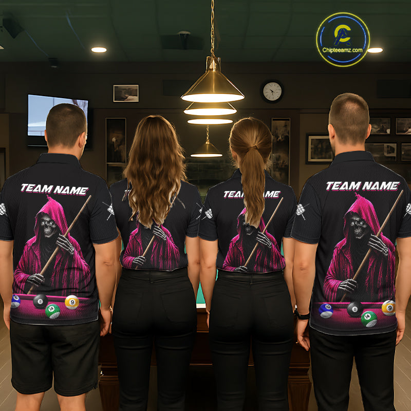 Pink And Black Billiard Skull 9 Ball Pool Shirts For Women Custom Grim Reaper Billiard Team Jersey TDM7316