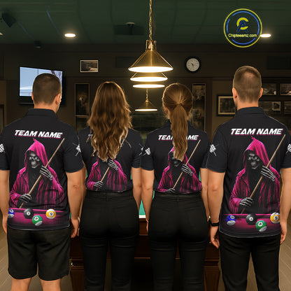Pink And Black Billiard Skull 9 Ball Pool Shirts For Women Custom Grim Reaper Billiard Team Jersey TDM7316