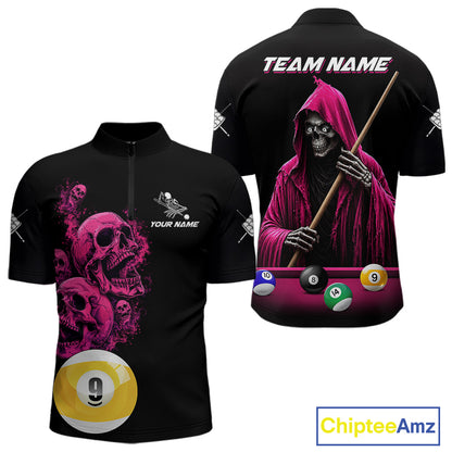 Pink And Black Billiard Skull 9 Ball Pool Shirts For Men Custom Grim Reaper Billiard Team Jersey TDM7316