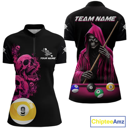 Pink And Black Billiard Skull 9 Ball Pool Shirts For Women Custom Grim Reaper Billiard Team Jersey TDM7316