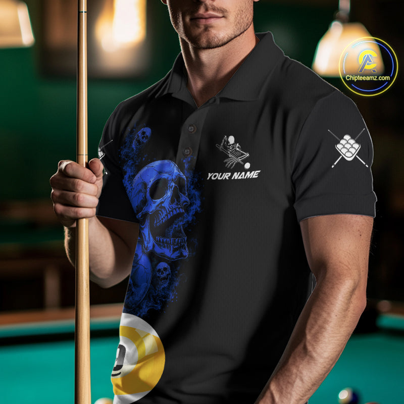 Black And Blue Billiard Skull 9 Ball Pool Shirts For Men Custom Grim Reaper Billiard Team Jersey TDM7317