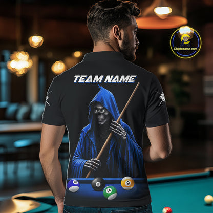 Black And Blue Billiard Skull 9 Ball Pool Shirts For Men Custom Grim Reaper Billiard Team Jersey TDM7317