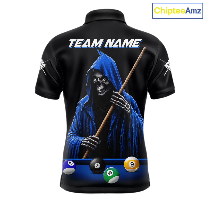Black And Blue Billiard Skull 9 Ball Pool Shirts For Men Custom Grim Reaper Billiard Team Jersey TDM7317