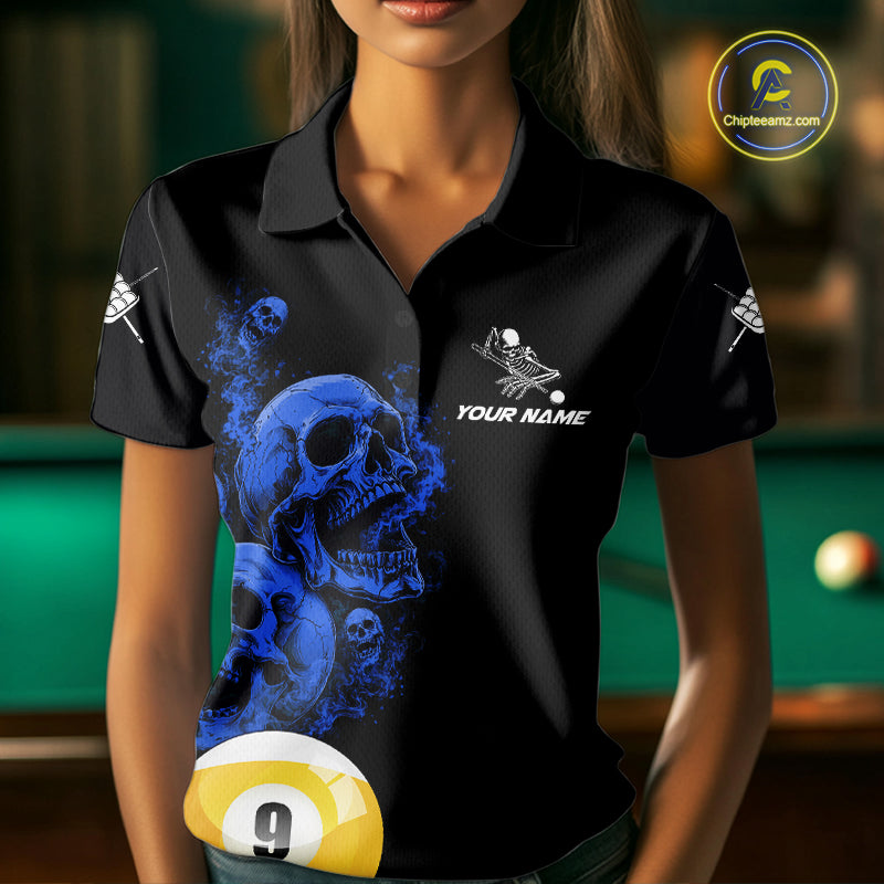 Black And Blue Billiard Skull 9 Ball Pool Shirts For Women Custom Grim Reaper Billiard Team Jersey TDM7317