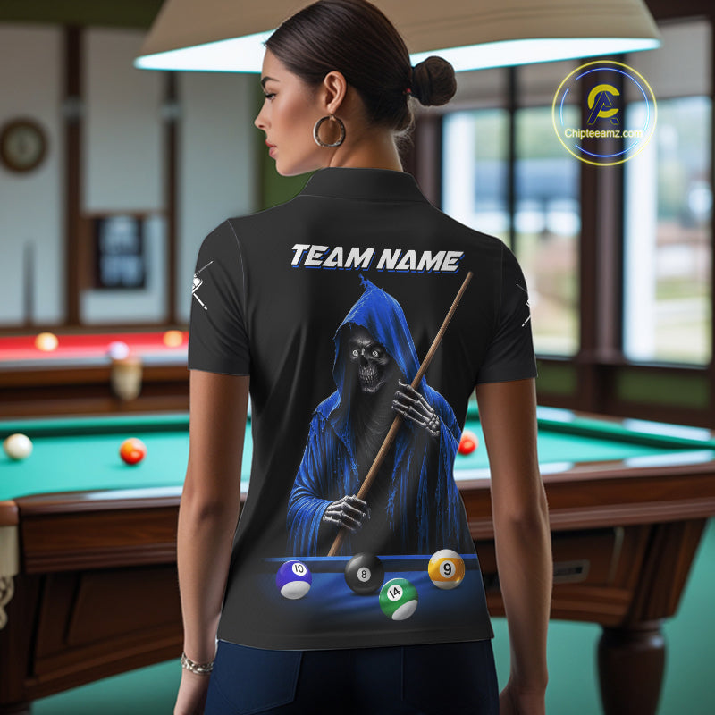 Black And Blue Billiard Skull 9 Ball Pool Shirts For Women Custom Grim Reaper Billiard Team Jersey TDM7317