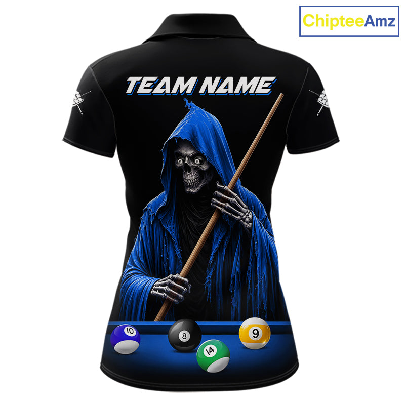 Black And Blue Billiard Skull 9 Ball Pool Shirts For Women Custom Grim Reaper Billiard Team Jersey TDM7317