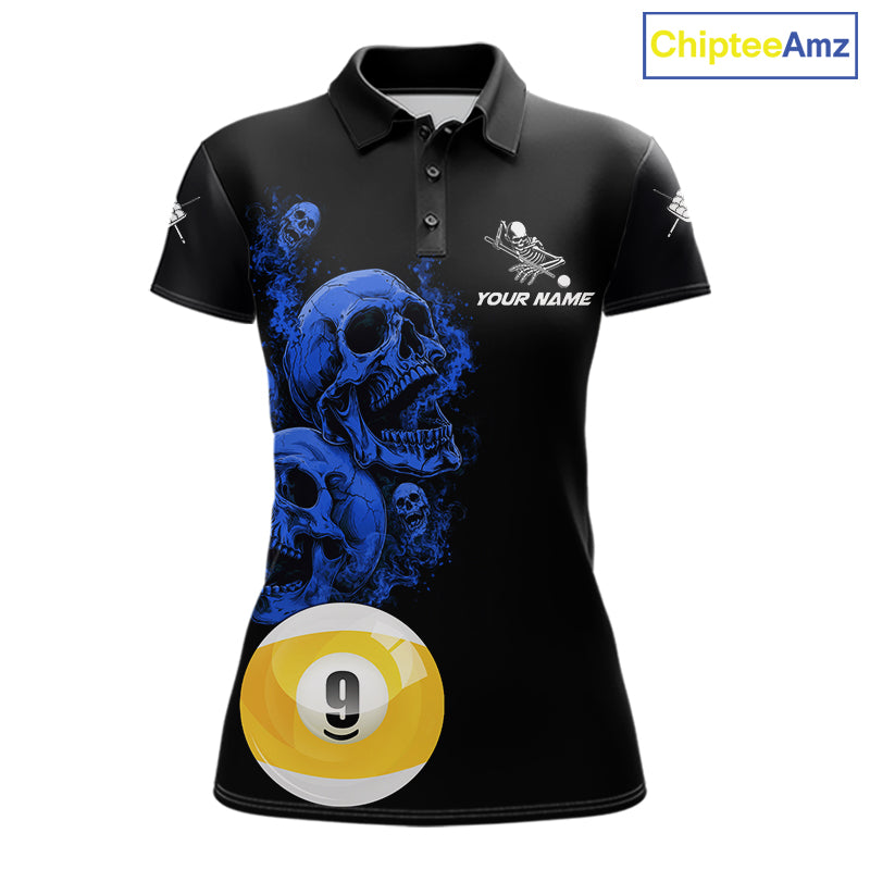 Black And Blue Billiard Skull 9 Ball Pool Shirts For Women Custom Grim Reaper Billiard Team Jersey TDM7317