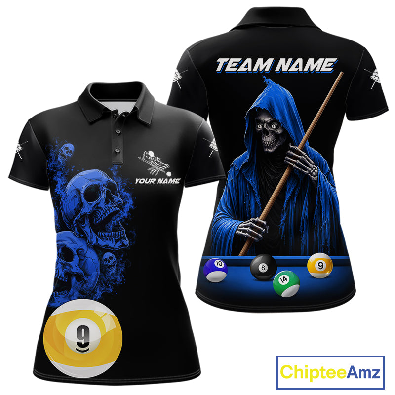Black And Blue Billiard Skull 9 Ball Pool Shirts For Women Custom Grim Reaper Billiard Team Jersey TDM7317