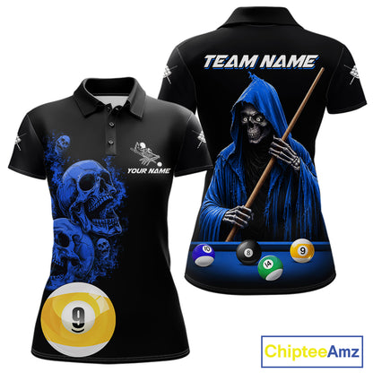 Black And Blue Billiard Skull 9 Ball Pool Shirts For Women Custom Grim Reaper Billiard Team Jersey TDM7317