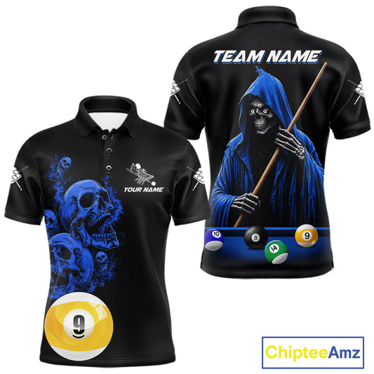 Black And Blue Billiard Skull 9 Ball Pool Shirts For Men Custom Grim Reaper Billiard Team Jersey TDM7317