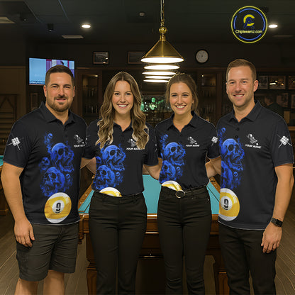 Black And Blue Billiard Skull 9 Ball Pool Shirts For Women Custom Grim Reaper Billiard Team Jersey TDM7317