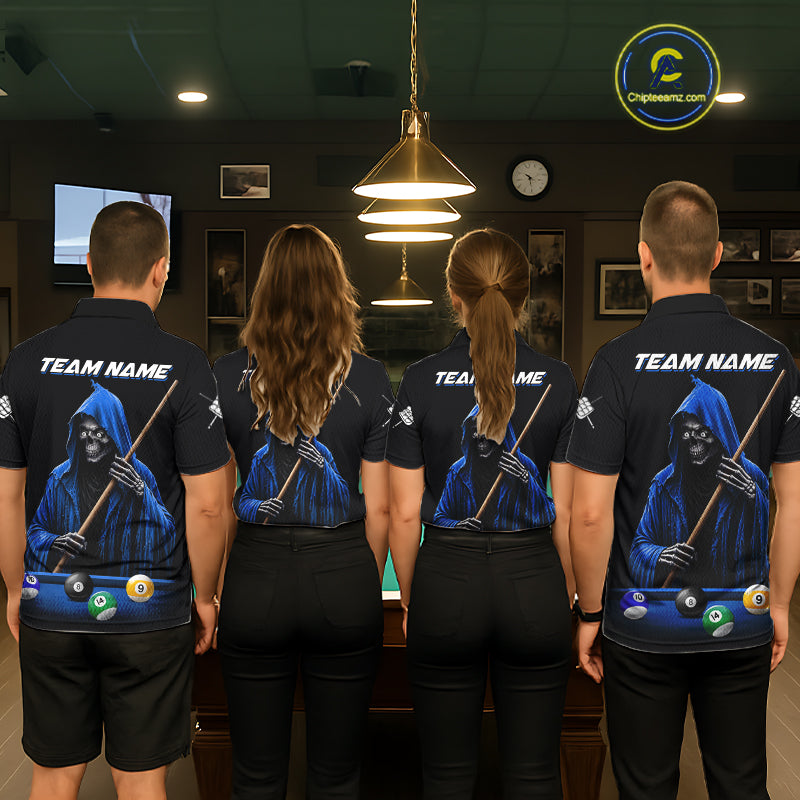 Black And Blue Billiard Skull 9 Ball Pool Shirts For Women Custom Grim Reaper Billiard Team Jersey TDM7317