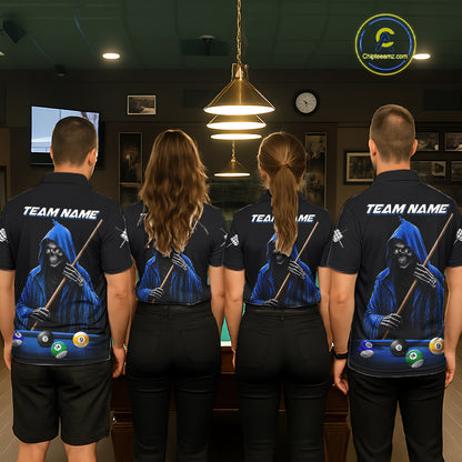 Black And Blue Billiard Skull 9 Ball Pool Shirts For Women Custom Grim Reaper Billiard Team Jersey TDM7317