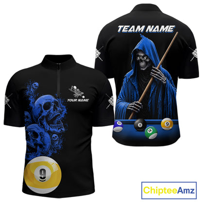 Black And Blue Billiard Skull 9 Ball Pool Shirts For Men Custom Grim Reaper Billiard Team Jersey TDM7317