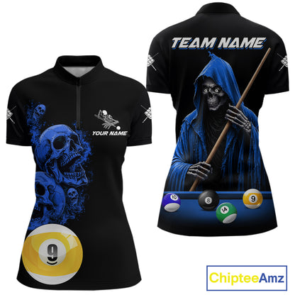 Black And Blue Billiard Skull 9 Ball Pool Shirts For Women Custom Grim Reaper Billiard Team Jersey TDM7317