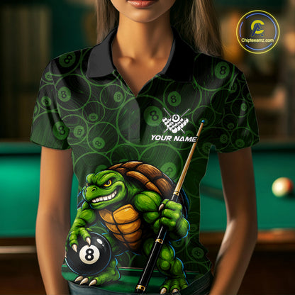 Black And Green Funny Turtle 8 Ball Pool Billiard Shirts For Women Custom Billiard Team Jersey TDM7588