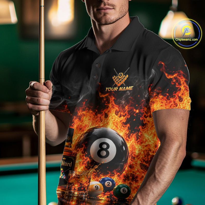 Custom Fire Flame 8 Ball Whiskey Billiard Shirts For Men, Pool Team Jersey Polo & Quarter Zip TDM7934