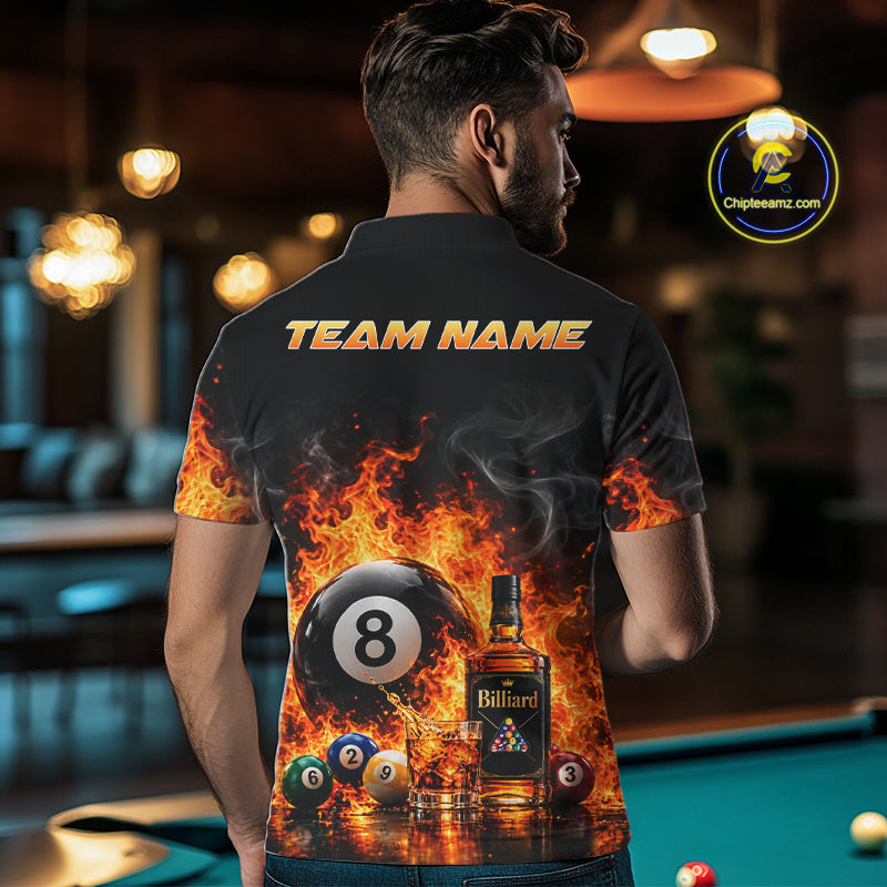Custom Fire Flame 8 Ball Whiskey Billiard Shirts For Men, Pool Team Jersey Polo & Quarter Zip TDM7934