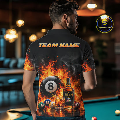 Custom Fire Flame 8 Ball Whiskey Billiard Shirts For Men, Pool Team Jersey Polo & Quarter Zip TDM7934