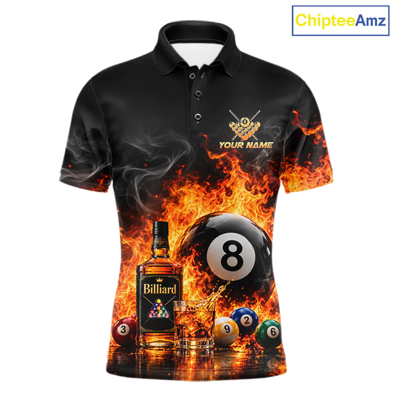 Custom Fire Flame 8 Ball Whiskey Billiard Shirts For Men, Pool Team Jersey Polo & Quarter Zip TDM7934
