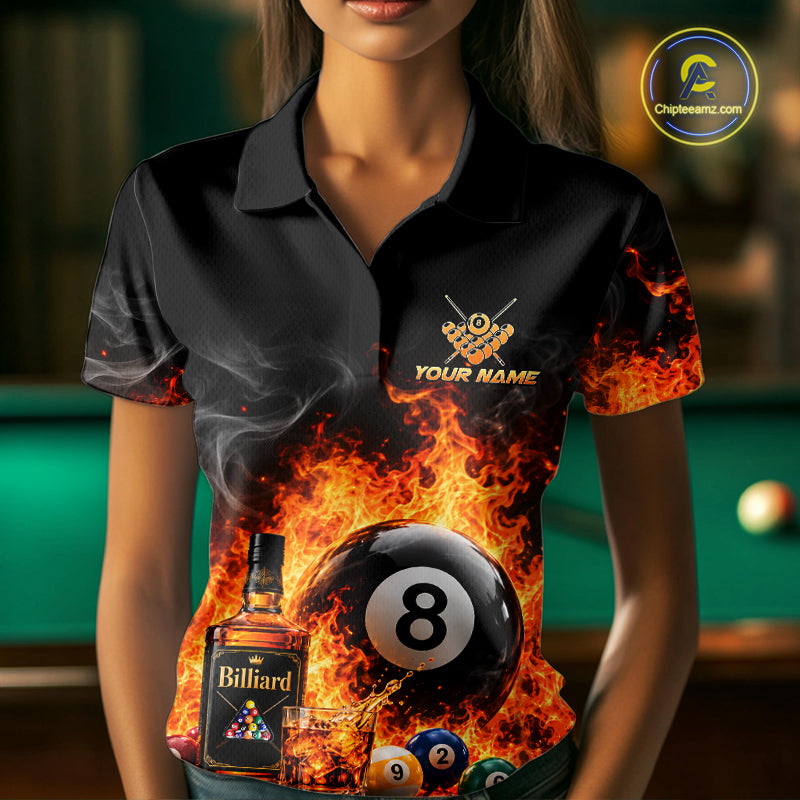 Custom Fire Flame 8 Ball Whiskey Billiard Shirts For Women, Pool Team Jersey Polo & Quarter Zip TDM7934