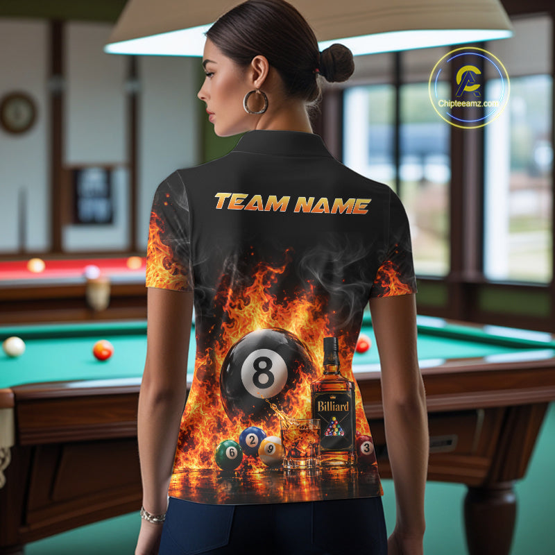 Custom Fire Flame 8 Ball Whiskey Billiard Shirts For Women, Pool Team Jersey Polo & Quarter Zip TDM7934