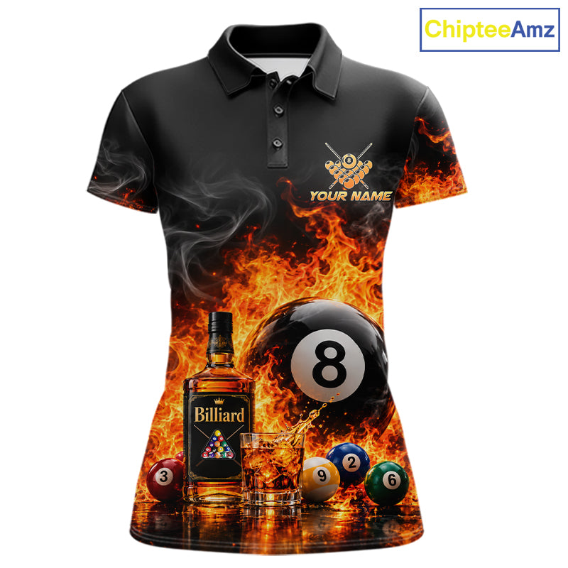 Custom Fire Flame 8 Ball Whiskey Billiard Shirts For Women, Pool Team Jersey Polo & Quarter Zip TDM7934