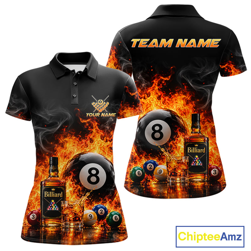 Custom Fire Flame 8 Ball Whiskey Billiard Shirts For Women, Pool Team Jersey Polo & Quarter Zip TDM7934