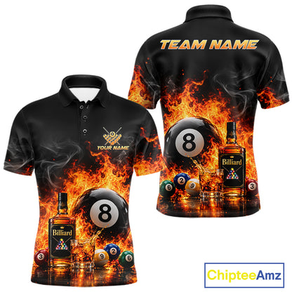 Custom Fire Flame 8 Ball Whiskey Billiard Shirts For Men, Pool Team Jersey Polo & Quarter Zip TDM7934