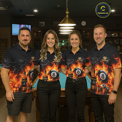 Custom Fire Flame 8 Ball Whiskey Billiard Shirts For Men, Pool Team Jersey Polo & Quarter Zip TDM7934