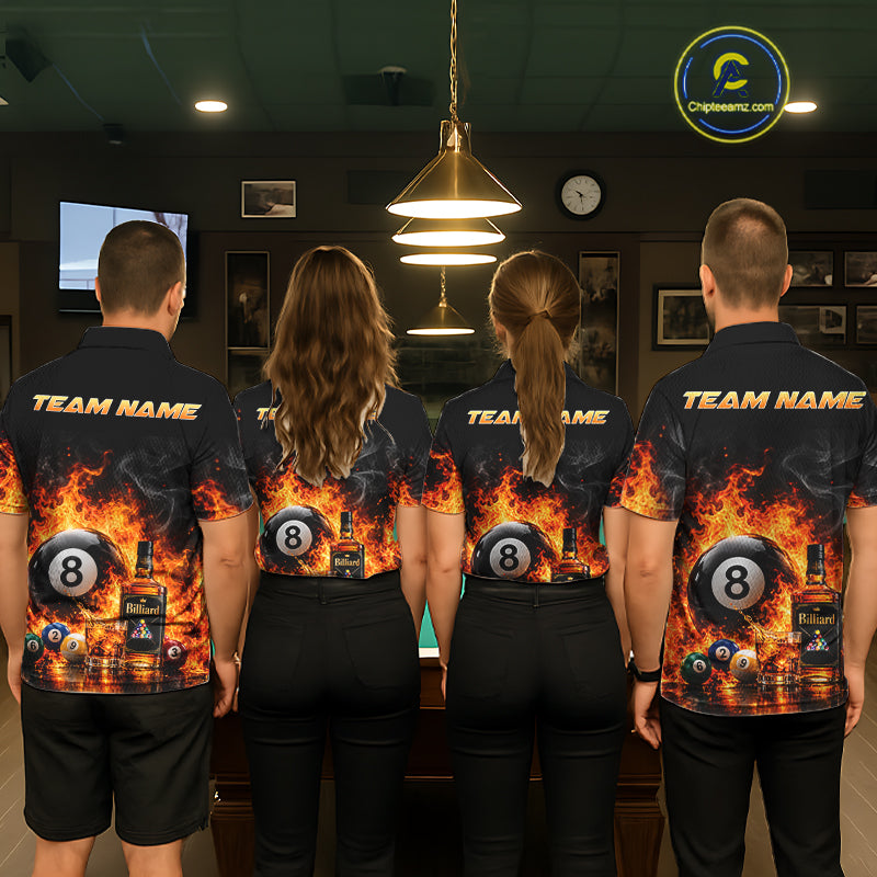 Custom Fire Flame 8 Ball Whiskey Billiard Shirts For Men, Pool Team Jersey Polo & Quarter Zip TDM7934