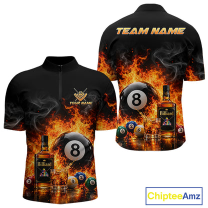 Custom Fire Flame 8 Ball Whiskey Billiard Shirts For Men, Pool Team Jersey Polo & Quarter Zip TDM7934