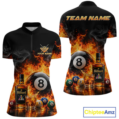 Custom Fire Flame 8 Ball Whiskey Billiard Shirts For Women, Pool Team Jersey Polo & Quarter Zip TDM7934