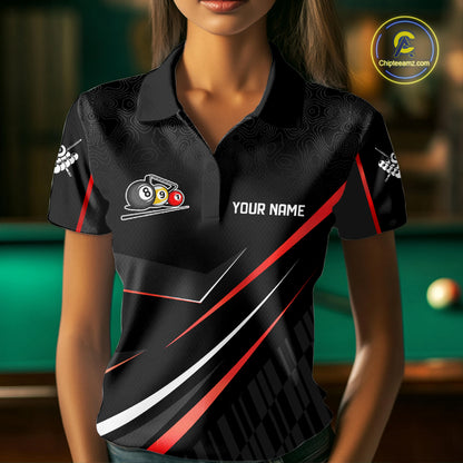 Black And Red 8 Ball Pool Crown Billiard Shirt For Women Custom Billiard Team Jersey Polo & 1/4 Zip TDM7939
