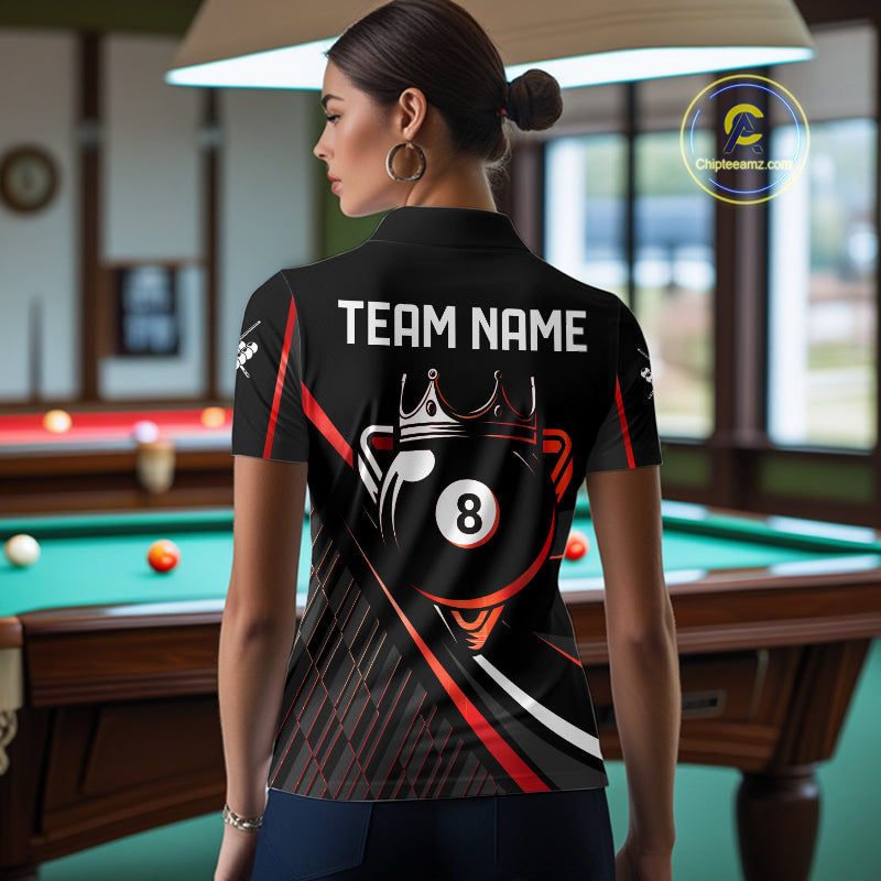 Black And Red 8 Ball Pool Crown Billiard Shirt For Women Custom Billiard Team Jersey Polo & 1/4 Zip TDM7939