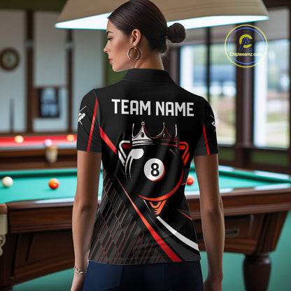 Black And Red 8 Ball Pool Crown Billiard Shirt For Women Custom Billiard Team Jersey Polo & 1/4 Zip TDM7939