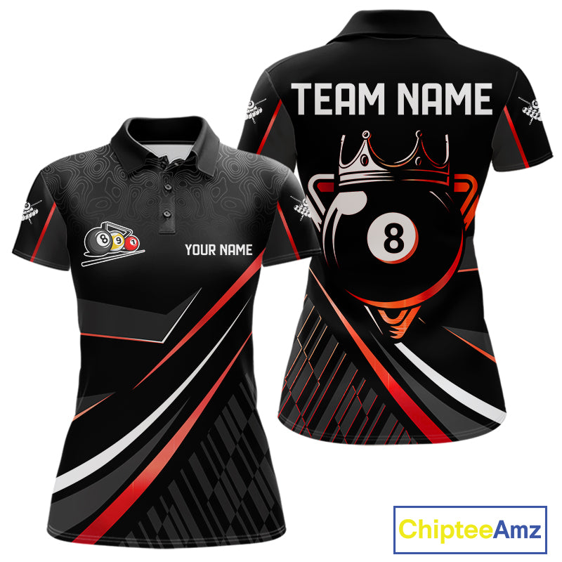 Black And Red 8 Ball Pool Crown Billiard Shirt For Women Custom Billiard Team Jersey Polo & 1/4 Zip TDM7939