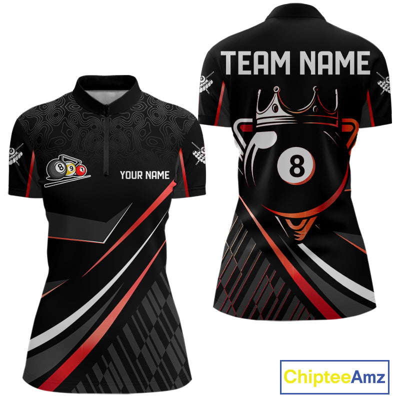 Black And Red 8 Ball Pool Crown Billiard Shirt For Women Custom Billiard Team Jersey Polo & 1/4 Zip TDM7939