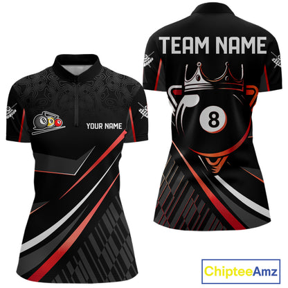 Black And Red 8 Ball Pool Crown Billiard Shirt For Women Custom Billiard Team Jersey Polo & 1/4 Zip TDM7939