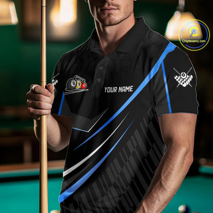 Black And Blue 8 Ball Pool Crown Billiard Shirt For Men Custom Billiard Team Jersey Polo & 1/4 Zip TDM7940