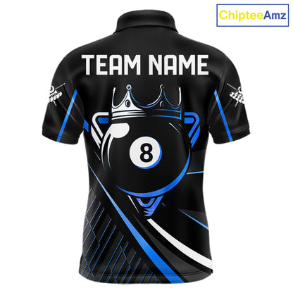 Black And Blue 8 Ball Pool Crown Billiard Shirt For Men Custom Billiard Team Jersey Polo & 1/4 Zip TDM7940