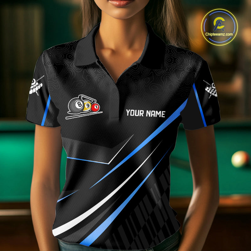 Black And Blue 8 Ball Pool Crown Billiard Shirt For Women Custom Billiard Team Jersey Polo & 1/4 Zip TDM7940
