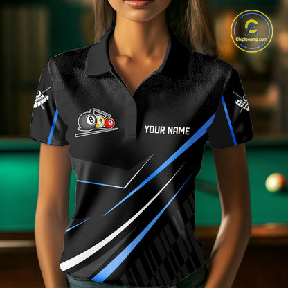 Black And Blue 8 Ball Pool Crown Billiard Shirt For Women Custom Billiard Team Jersey Polo & 1/4 Zip TDM7940