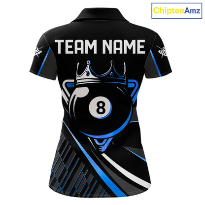 Black And Blue 8 Ball Pool Crown Billiard Shirt For Women Custom Billiard Team Jersey Polo & 1/4 Zip TDM7940