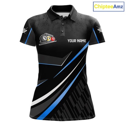 Black And Blue 8 Ball Pool Crown Billiard Shirt For Women Custom Billiard Team Jersey Polo & 1/4 Zip TDM7940