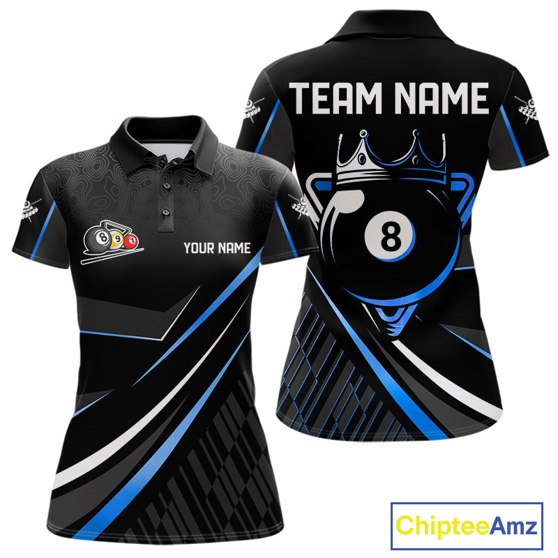 Black And Blue 8 Ball Pool Crown Billiard Shirt For Women Custom Billiard Team Jersey Polo & 1/4 Zip TDM7940